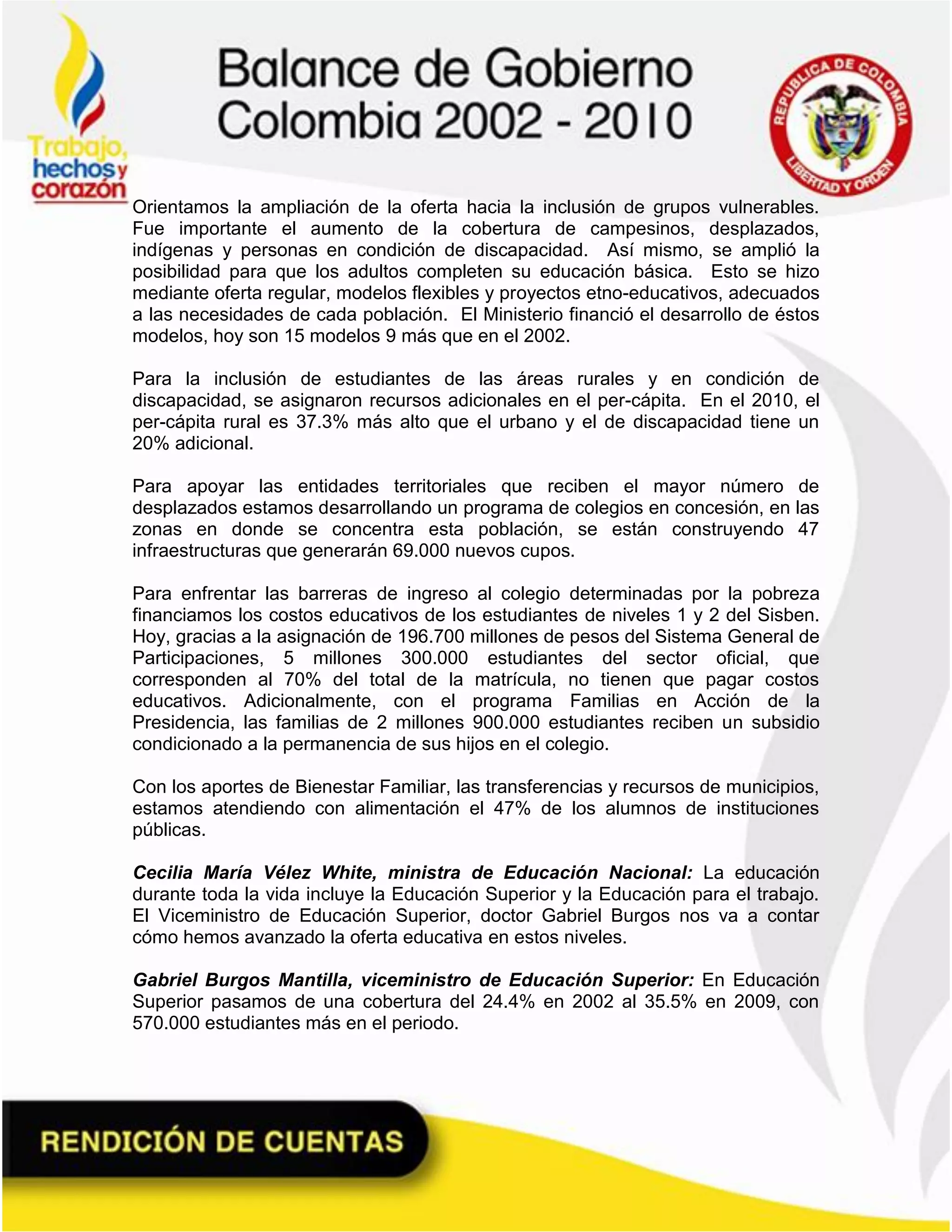 Balance de la revolución educativa 2002 – 2010 (uribe) | PDF