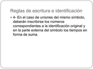 Reglas de escritura e identificación
 4- En el caso de uniones del mismo símbolo,
 deberán inscribirse los números
 correspondientes a la identificación original y
 en la parte externa del símbolo los tiempos en
 forma de suma.
 