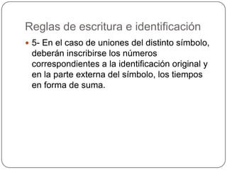 Reglas de escritura e identificación
 5- En el caso de uniones del distinto símbolo,
 deberán inscribirse los números
 correspondientes a la identificación original y
 en la parte externa del símbolo, los tiempos
 en forma de suma.
 