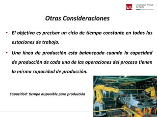 Otras Consideraciones
• El objetivo es precisar un ciclo de tiempo constante en todas las
estaciones de trabajo.
• Una línea de producción esta balanceada cuando la capacidad
de producción de cada una de las operaciones del proceso tienen
la misma capacidad de producción.
Capacidad: tiempo disponible para producción
 