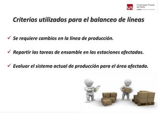 Criterios utilizados para el balanceo de líneas
 Se requiere cambios en la línea de producción.
 Repartir las tareas de ensamble en las estaciones afectadas.
 Evaluar el sistema actual de producción para el área afectada.
 