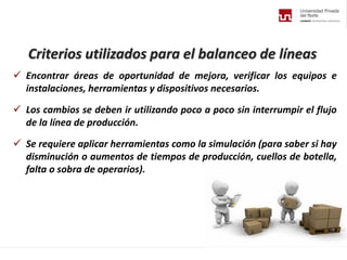 Criterios utilizados para el balanceo de líneas
 Encontrar áreas de oportunidad de mejora, verificar los equipos e
instalaciones, herramientas y dispositivos necesarios.
 Los cambios se deben ir utilizando poco a poco sin interrumpir el flujo
de la línea de producción.
 Se requiere aplicar herramientas como la simulación (para saber si hay
disminución o aumentos de tiempos de producción, cuellos de botella,
falta o sobra de operarios).
 