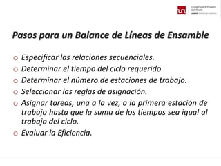 Pasos para un Balance de Líneas de Ensamble
o Especificar las relaciones secuenciales.
o Determinar el tiempo del ciclo requerido.
o Determinar el número de estaciones de trabajo.
o Seleccionar las reglas de asignación.
o Asignar tareas, una a la vez, a la primera estación de
trabajo hasta que la suma de los tiempos sea igual al
trabajo del ciclo.
o Evaluar la Eficiencia.
 