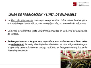 LINEA DE FABRICACION Y LINEA DE ENSAMBLE
 La línea de fabricación construye componentes, tales como llantas para
automóvil o partes metálicas para un refrigerador, en una serie de máquinas.
 Una línea de ensamble junta las partes fabricadas en una serie de estaciones
de trabajo.
 Ambas pertenecen a los procesos repetitivos y en ambos casos la línea debe
ser balanceada. Es decir, el trabajo llevado a cabo en una máquina o con por
el operario, debe balancear el trabajo realizado en la siguiente máquina en la
línea de producción.
 