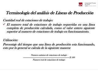 Terminología del análisis de Líneas de Producción
Cantidad real de estaciones de trabajo:
 El numero total de estaciones de trabajo requeridas en una línea
completa de producción calculada, como el valor entero siguiente
superior al numero de estaciones de trabajo en funcionamiento.
Utilización:
Porcentaje del tiempo que una línea de producción esta funcionando,
esto por lo general se calcula de la siguiente manera:
Numero mínimo de estaciones de trabajo
-------------------------------------------------------------------------------------X 100
Numero real de estaciones de trabajo
 