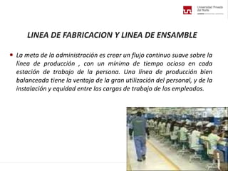 LINEA DE FABRICACION Y LINEA DE ENSAMBLE
 La meta de la administración es crear un flujo continuo suave sobre la
línea de producción , con un mínimo de tiempo ocioso en cada
estación de trabajo de la persona. Una línea de producción bien
balanceada tiene la ventaja de la gran utilización del personal, y de la
instalación y equidad entre las cargas de trabajo de los empleados.
 