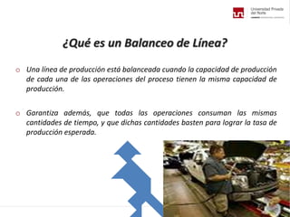 ¿Qué es un Balanceo de Línea?
o Una línea de producción está balanceada cuando la capacidad de producción
de cada una de las operaciones del proceso tienen la misma capacidad de
producción.
o Garantiza además, que todas las operaciones consuman las mismas
cantidades de tiempo, y que dichas cantidades basten para lograr la tasa de
producción esperada.
 