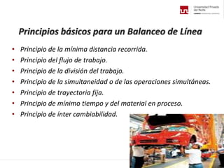 Principios básicos para un Balanceo de Línea
• Principio de la mínima distancia recorrida.
• Principio del flujo de trabajo.
• Principio de la división del trabajo.
• Principio de la simultaneidad o de las operaciones simultáneas.
• Principio de trayectoria fija.
• Principio de mínimo tiempo y del material en proceso.
• Principio de ínter cambiabilidad.
 