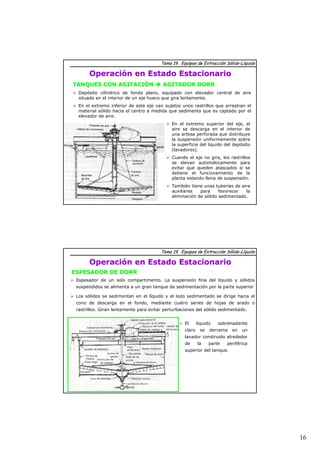 16 
Tema 19. Equipos de Extracción Sólido-Líquido 
Operación en Estado Estacionario 
TANQUES CON AGITACIÓN ÎÎ AGITADOR DORR 
¾ Depósito cilíndrico de fondo plano, equipado con elevador central de aire 
situado en el interior de un eje hueco que gira lentamente. 
¾ En el extremo inferior de este eje van sujetos unos rastrillos que arrastran el 
material sólido hacia el centro a medida que sedimenta que es captado por el 
elevador de aire. 
¾ En el extremo superior del eje, el 
aire se descarga en el interior de 
una artesa perforada que distribuye 
la suspensión uniformemente sobre 
la superficie del líquido del depósito 
(lavadores). 
¾ Cuando el eje no gira, los rastrillos 
se elevan automáticamente para 
evitar que queden atascados si se 
detiene el funcionamiento de la 
planta estando llena de suspensión. 
¾ También tiene unas tuberías de aire 
auxiliares para favorecer la 
eliminación de sólido sedimentado. 
Tema 19. Equipos de Extracción Sólido-Líquido 
Operación en Estado Estacionario 
ESPESADOR DE DORR 
¾ Espesador de un solo compartimento. La suspensión fina del líquido y sólidos 
suspendidos se alimenta a un gran tanque de sedimentación por la parte superior 
¾ Los sólidos se sedimentan en el líquido y el lodo sedimentado se dirige hacia el 
cono de descarga en el fondo, mediante cuatro series de hojas de arado o 
rastrillos. Giran lentamente para evitar perturbaciones del sólido sedimentado. 
¾ El líquido sobrenadante 
claro se derrama en un 
lavador construido alrededor 
de la parte periférica 
superior del tanque. 
 