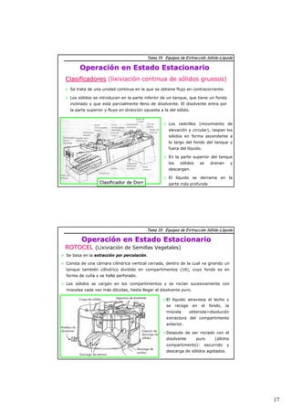 17 
Tema 19. Equipos de Extracción Sólido-Líquido 
Operación en Estado Estacionario 
Clasificadores (lixiviación continua de sólidos gruesos) 
¾ Se trata de una unidad continua en la que se obtiene flujo en contracorriente. 
¾ Los sólidos se introducen en la parte inferior de un tanque, que tiene un fondo 
inclinado y que está parcialmente lleno de disolvente. El disolvente entra por 
la parte superior y fluye en dirección opuesta a la del sólido. 
¾ Los rastrillos (movimiento de 
elevación y circular), raspan los 
sólidos en forma ascendente a 
lo largo del fondo del tanque y 
fuera del líquido. 
¾ En la parte superior del tanque 
los sólidos se drenan y 
descargan. 
¾ El líquido se derrama en la 
Clasificador de Dorr parte más profunda 
Tema 19. Equipos de Extracción Sólido-Líquido 
Operación en Estado Estacionario 
ROTOCEL (Lixiviación de Semillas Vegetales) 
¾ Se basa en la extracción por percolación. 
¾ Consta de una cámara cilíndrica vertical cerrada, dentro de la cual va girando un 
tanque también cilíndrico dividido en compartimentos (18), cuyo fondo es en 
forma de cuña y se halla perforado. 
¾ Los sólidos se cargan en los compartimentos y se rocían sucesivamente con 
miscelas cada vez más diluidas, hasta llegar al disolvente puro. 
¾El líquido atraviesa el lecho y 
se recoge en el fondo, la 
miscela obtenida=disolución 
extractora del compartimento 
anterior. 
¾Después de ser rociado con el 
disolvente puro (último 
compartimento): escurrido y 
descarga de sólidos agotados. 
 