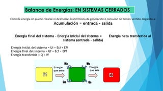 Balance de Energías: EN SISTEMAS CERRADOS
Como la energía no puede crearse ni destruirse, los términos de generación o con...