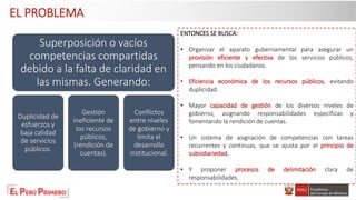 EL PROBLEMA
Superposición o vacíos
competencias compartidas
debido a la falta de claridad en
las mismas. Generando:
Duplicidad de
esfuerzos y
baja calidad
de servicios
públicos.
Gestión
ineficiente de
los recursos
públicos,
(rendición de
cuentas).
Conflictos
entre niveles
de gobierno y
limita el
desarrollo
institucional.
ENTONCES SE BUSCA:
• Organizar el aparato gubernamental para asegurar un
provisión eficiente y efectiva de los servicios públicos,
pensando en los ciudadanos.
• Eficiencia económica de los recursos públicos, evitando
duplicidad.
• Mayor capacidad de gestión de los diversos niveles de
gobierno, asignando responsabilidades específicas y
fomentando la rendición de cuentas.
• Un sistema de asignación de competencias con tareas
recurrentes y continuas, que se ajusta por el principio de
subsidiariedad.
• Y proponer procesos de delimitación clara de
responsabilidades.
 