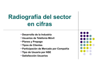 Radiografía del sector en cifras Desarrollo de la Industria Usuarios de Telefonía Móvil Planes y Prepago Tipos de Clientes Participación de Mercado por Compañía Tipo de Usuario por NSE Satisfacción Usuarios 