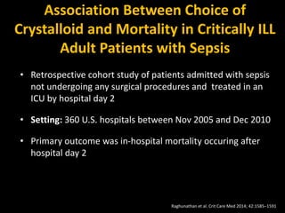 Association Between Choice of
Crystalloid and Mortality in Critically ILL
Adult Patients with Sepsis
• Retrospective cohort study of patients admitted with sepsis
not undergoing any surgical procedures and treated in an
ICU by hospital day 2
• Setting: 360 U.S. hospitals between Nov 2005 and Dec 2010
• Primary outcome was in-hospital mortality occuring after
hospital day 2
Raghunathan et al. Crit Care Med 2014; 42:1585–1591
 