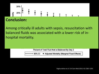 Conclusion:
Among critically ill adults with sepsis, resuscitation with
balanced fluids was associated with a lower risk of in-
hospital mortality.
Raghunathan et al. Crit Care Med 2014; 42:1585–1591
 