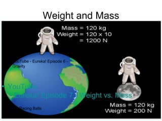 Weight and Mass
• YouTube
- Eureka! Episode 7 - Weight vs. Mass
YouTube - Eureka! Episode 6 -
Gravity
Racing Balls
 
