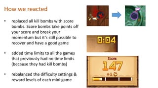 How we reacted
• replaced all kill bombs with score
bombs. Score bombs take points off
your score and break your
momentum but it’s still possible to
recover and have a good game
• added time limits to all the games
that previously had no time limits
(because they had kill bombs)
• rebalanced the difficulty settings &
reward levels of each mini game
 