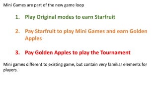 Mini Games are part of the new game loop
1. Play Original modes to earn Starfruit
2. Pay Starfruit to play Mini Games and earn Golden
Apples
3. Pay Golden Apples to play the Tournament
Mini games different to existing game, but contain very familiar elements for
players.
 