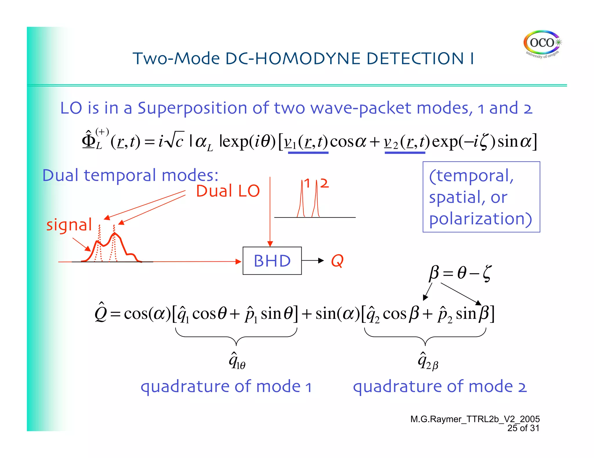 Two-Mode DC-HOMODYNE DETECTION I

 LO is in a Superposition of two wave-packet modes, 1 and 2
    ˆ (+ ) (r,t) = i c | α L |exp(iθ ) [v1 (r,t)cosα + v 2 (r,t)exp(−iζ )sin α ]
    ΦL
Dual temporal modes:                      1 2                 (temporal,
                 Dual LO                                      spatial, or
signal                                                        polarization)

                                    BHD         Q
                                                              β = θ −ζ

         Q = cos(α )[q1 cosθ + p1 sin θ ] + sin(α )[q2 cos β + p2 sin β ]
         ˆ           ˆ         ˆ                    ˆ          ˆ

                              ˆ
                              q1θ                           ˆ
                                                            q2 β
                quadrature of mode 1                quadrature of mode 2
                                                           M.G.Raymer_TTRL2b_V2_2005
                                                                              25 of 31
 