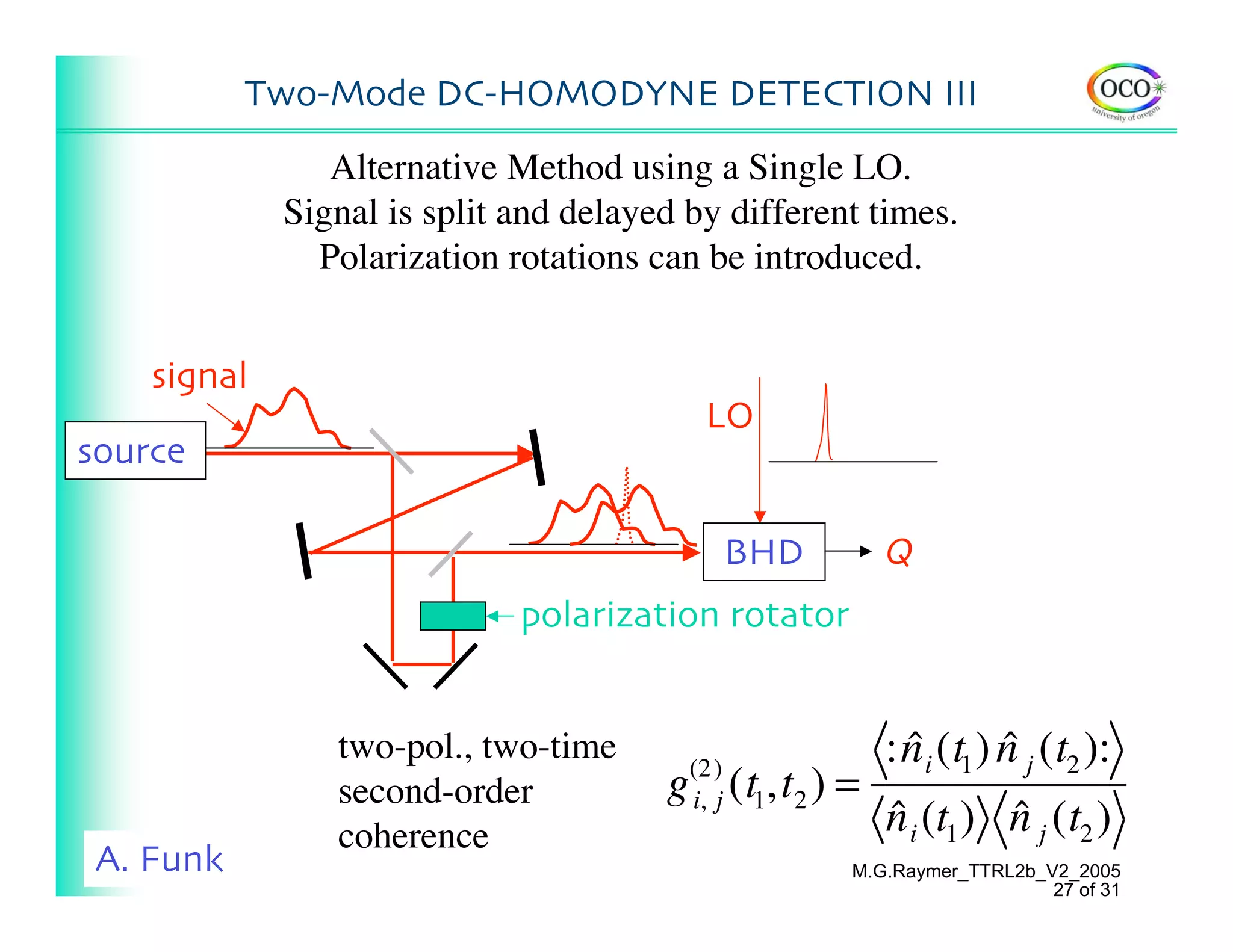Two-Mode DC-HOMODYNE DETECTION III
                Alternative Method using a Single LO.
             Signal is split and delayed by different times.
               Polarization rotations can be introduced.


    signal
                                          LO
source

                                                BHD      Q
                             polarization rotator


                two-pol., two-time                       : n i (t1 ) n j (t2 ):
                                                           ˆ         ˆ
                second-order           g (t1,t2 ) =
                                         (2)
                                         i, j
                coherence                                n i (t1 ) n j (t2 )
                                                         ˆ         ˆ
A. Funk                                               M.G.Raymer_TTRL2b_V2_2005
                                                                         27 of 31
 