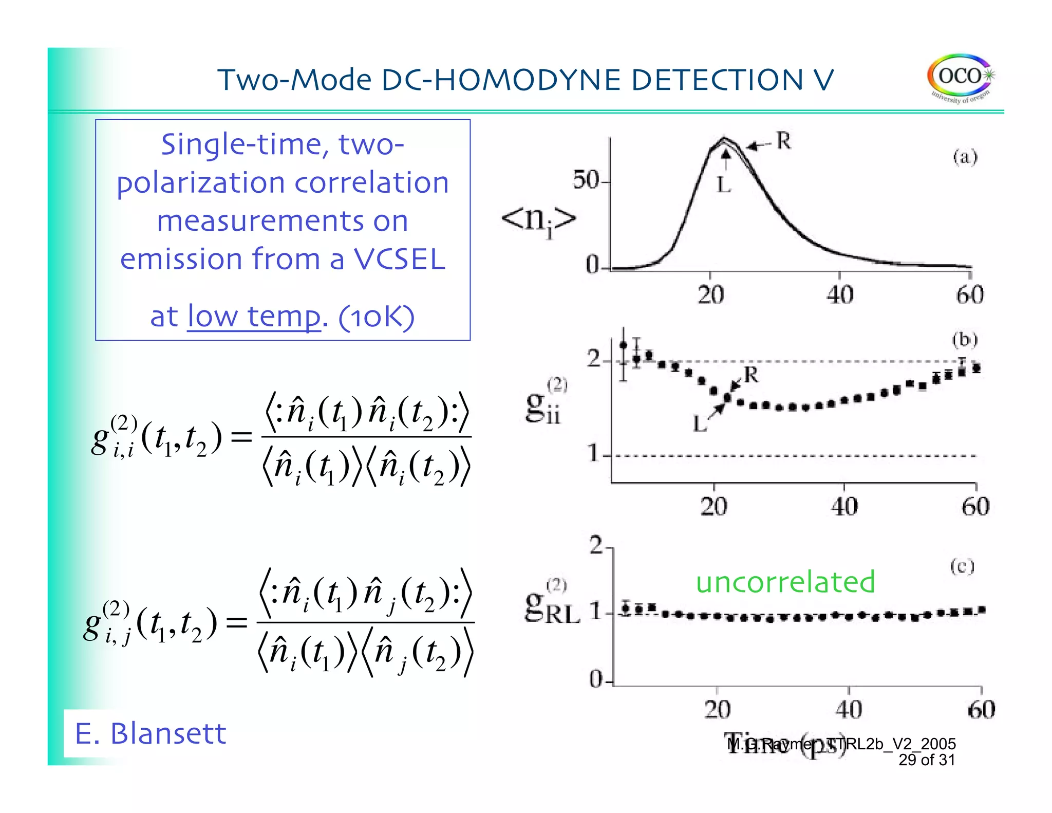 Two-Mode DC-HOMODYNE DETECTION V

      Single-time, two-
   polarization correlation
      measurements on
   emission from a VCSEL
          at low temp. (10K)

              : n i (t1 ) n i (t2 ):
                ˆ         ˆ
 g (t1,t2 ) =
   (2)
   i, i
              n i (t1 ) ni (t2 )
              ˆ            ˆ


                  : n i (t1 ) n j (t2 ):
                    ˆ         ˆ            uncorrelated
g (t1,t2 ) =
  (2)
  i, j
                  n i (t1 ) n j (t2 )
                  ˆ         ˆ

E. Blansett                                  M.G.Raymer_TTRL2b_V2_2005
                                                                29 of 31
 