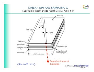 LINEAR OPTICAL SAMPLING X
        Superluminescent Diode (SLD) Optical Amplifier
                                                   metal cap




                                      o
                                  6

               600 µm
                                           3 µm



 (AR) SiO 2
p-clad layer
                                                    p-contact layer
quantum
 wells

                ~                            ~    undoped, graded

                ~                            ~
n-clad layer                                      confining layers
                        n-GaAs substrate




                                            Superluminescent
(Sarnoff Labs)                              Emission
                                                                           M. Munroe
                                                               M.G.Raymer_TTRL2b_V2_2005
                                                                                  18 of 31
 