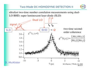 Two-Mode DC-HOMODYNE DETECTION II
   ultrafast two-time number correlation measurements using dual-
   LO BHD; super luminescent laser diode (SLD)
                                       1 2
                        Dual LO
   signal                            t1 t2
SLD                            BHD           Q          two-time second-
                                                        order coherence
                                                              : n (t1 ) n (t2 ):
                                                                ˆ       ˆ
                                                 g (t1,t2 ) =
                                                  (2)

                                                              n (t1 ) n (t2 )
                                                              ˆ          ˆ




D. McAlister                                            M.G.Raymer_TTRL2b_V2_2005
                                                                           26 of 31
 