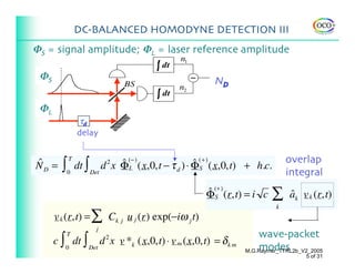 DC-BALANCED HOMODYNE DETECTION III
ΦS = signal amplitude; ΦL = laser reference amplitude
                                               n1
                                         dt
 ΦS
ES (t)
                                                        ND
                                   BS         n2
                                         dt
Φ
EL (t)
   L
                           θ
                  τd
                 delay


                                                                                overlap
         ∫       dt ∫ Det d x ΦL
             T
ˆ
ND =                          ˆ (− ) (x,0,t − τ d ) ⋅ Φ(+) (x,0,t) + h.c.
                               2                      ˆS
             0                                                                  integral
                                                      ˆ (+ ) (r,t) = i c
                                                      ΦS                   ∑    ˆ
                                                                                ak v k (r,t)
                                                                            k
       v k (r,t) = ∑ Ck j u j (r) exp(−iω j t)
                       j
                                                                     wave-packet
       c ∫ 0 dt ∫ Det d x v *k (x,0,t) ⋅ v m (x,0,t) = δ k m
             T             2
                                                                     modes
                                                                 M.G.Raymer_TTRL2b_V2_2005
                                                                                    5 of 31
 