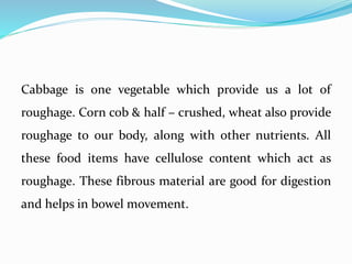 Cabbage is one vegetable which provide us a lot of
roughage. Corn cob & half – crushed, wheat also provide
roughage to our body, along with other nutrients. All
these food items have cellulose content which act as
roughage. These fibrous material are good for digestion
and helps in bowel movement.
 