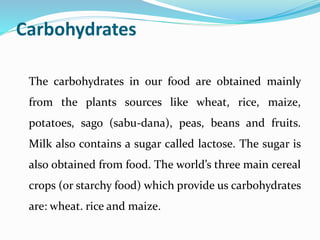 Carbohydrates
The carbohydrates in our food are obtained mainly
from the plants sources like wheat, rice, maize,
potatoes, sago (sabu-dana), peas, beans and fruits.
Milk also contains a sugar called lactose. The sugar is
also obtained from food. The world’s three main cereal
crops (or starchy food) which provide us carbohydrates
are: wheat. rice and maize.
 