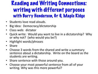 Reading and Writing Connections:
writing with different purposes
with Barry Henderson, Gr 6, Maple Ridge
• Students love read alouds.
• Big Idea: Democracy/dictatorship
• Class web: dictator
• Quick write: Would you want to live in a dictatorship? Why
or why not? (who would you be?)
• Highlight words/phrases
• Share
• Choose 3 words from the shared and write a summary
sentence about a dictatorship. Write on the board as the
students are writing.
• Share sentence with those around you.
• Choose your most powerful sentence from all of your
writing. Why was this more powerful?
 