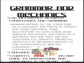 Grammar andGrammar and
MechanicsMechanics0 The difference between
conventions and grammar:
Grammar refers to the structure
of a language: the parts of speech
and their functions, their
relationship to each other, word
order in sentences, the parts of a
sentence and how they are put
together, e.g., subject, predicate,
objects, etc. Mechanics refers to
the conventions of written
language: punctuation,
capitalization, spelling, etc.
0 Language of literacy
0 Students along the way are
going to understand, and
then mess it up again. This
 