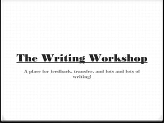 The Writing Workshop
A place for feedback, transfer, and lots and lots of
writing!
 