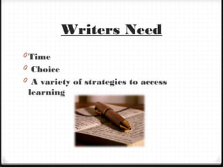 Writers Need
0 Time
0 Choice
0 A variety of strategies to access
learning
 
