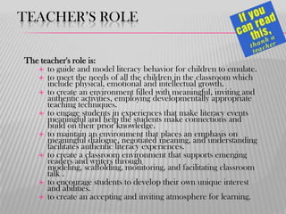 TEACHER’S ROLE
The teacher's role is:
 to guide and model literacy behavior for children to emulate.
 to meet the needs of all the children in the classroom which
include physical, emotional and intellectual growth.
 to create an environment filled with meaningful, inviting and
authentic activities, employing developmentally appropriate
teaching techniques.
 to engage students in experiences that make literacy events
meaningful and help the students make connections and
build on their prior knowledge.
 to maintain an environment that places an emphasis on
meaningful dialogue, negotiated meaning, and understanding
facilitates authentic literacy experiences.
 to create a classroom environment that supports emerging
readers and writers through
modeling, scaffolding, monitoring, and facilitating classroom
talk .
 to encourage students to develop their own unique interest
and abilities.
 to create an accepting and inviting atmosphere for learning.

 
