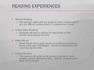 READING EXPERIENCES


Shared Reading
 The teacher reads with the students when a book may be
at a too difficult reading level or comprehension level.



Independent Reading
 Students will have a chance to read books at their
comfort level during this time.



Read-Alouds
 Read-alouds are a great means to model good reading—
fluency and use of strategies. Grand conversations can
occur during this time.



Guided Reading
 The teacher will guide small groups of students using
leveled readers during this time. Specific strategies and
skills will be taught.

 