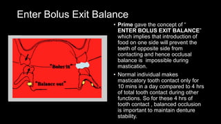 Enter Bolus Exit Balance
• Prime gave the concept of “
ENTER BOLUS EXIT BALANCE”
which implies that introduction of
food on one side will prevent the
teeth of opposite side from
contacting and hence occlusal
balance is impossible during
mastication.
• Normal individual makes
masticatory tooth contact only for
10 mins in a day compared to 4 hrs
of total tooth contact during other
functions. So for these 4 hrs of
tooth contact , balanced occlusion
is important to maintain denture
stability.
 