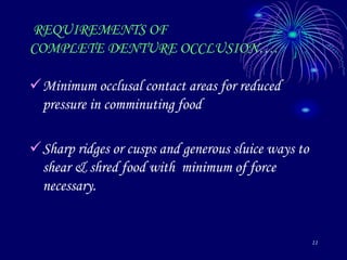 11
REQUIREMENTS OF
COMPLETE DENTURE OCCLUSION….
Minimum occlusal contact areas for reduced
pressure in comminuting food
Sharp ridges or cusps and generous sluice ways to
shear & shred food with minimum of force
necessary.
 