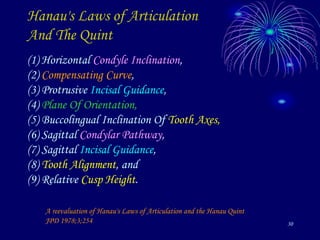 30
Hanau's Laws of Articulation
And The Quint
(1) Horizontal Condyle Inclination,
(2) Compensating Curve,
(3) Protrusive Incisal Guidance,
(4) Plane Of Orientation,
(5) Buccolingual Inclination Of Tooth Axes,
(6) Sagittal Condylar Pathway,
(7) Sagittal Incisal Guidance,
(8) Tooth Alignment, and
(9) Relative Cusp Height.
A reevaluation of Hanau's Laws of Articulation and the Hanau Quint
JPD 1978;3;254
 