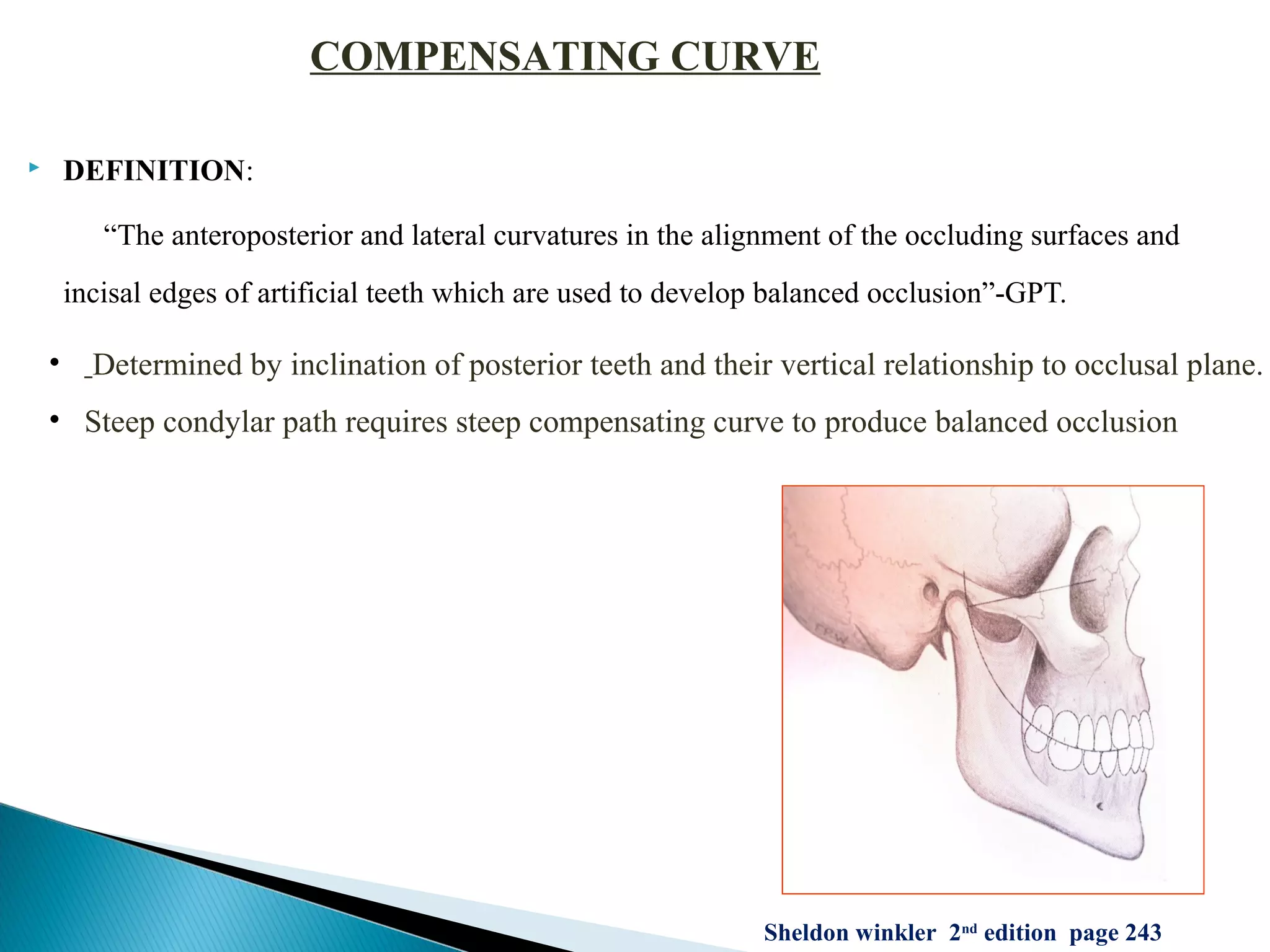  DEFINITION:
“The anteroposterior and lateral curvatures in the alignment of the occluding surfaces and
incisal edges of artificial teeth which are used to develop balanced occlusion”-GPT.
Sheldon winkler 2nd
edition page 243
COMPENSATING CURVE
• Determined by inclination of posterior teeth and their vertical relationship to occlusal plane.
• Steep condylar path requires steep compensating curve to produce balanced occlusion
 
