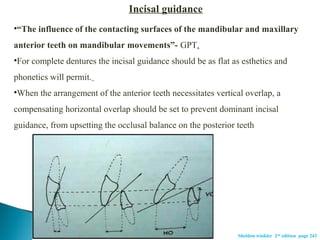 •“The influence of the contacting surfaces of the mandibular and maxillary
anterior teeth on mandibular movements”- GPT.
•For complete dentures the incisal guidance should be as flat as esthetics and
phonetics will permit.
Incisal guidance
Sheldon winkler 2nd
edition page 243
•When the arrangement of the anterior teeth necessitates vertical overlap, a
compensating horizontal overlap should be set to prevent dominant incisal
guidance, from upsetting the occlusal balance on the posterior teeth
 