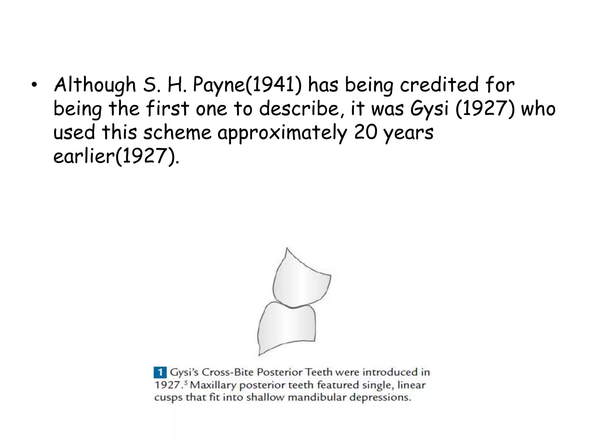 • Although S. H. Payne(1941) has being credited for 
being the first one to describe, it was Gysi (1927) who 
used this scheme approximately 20 years 
earlier(1927). 
 
