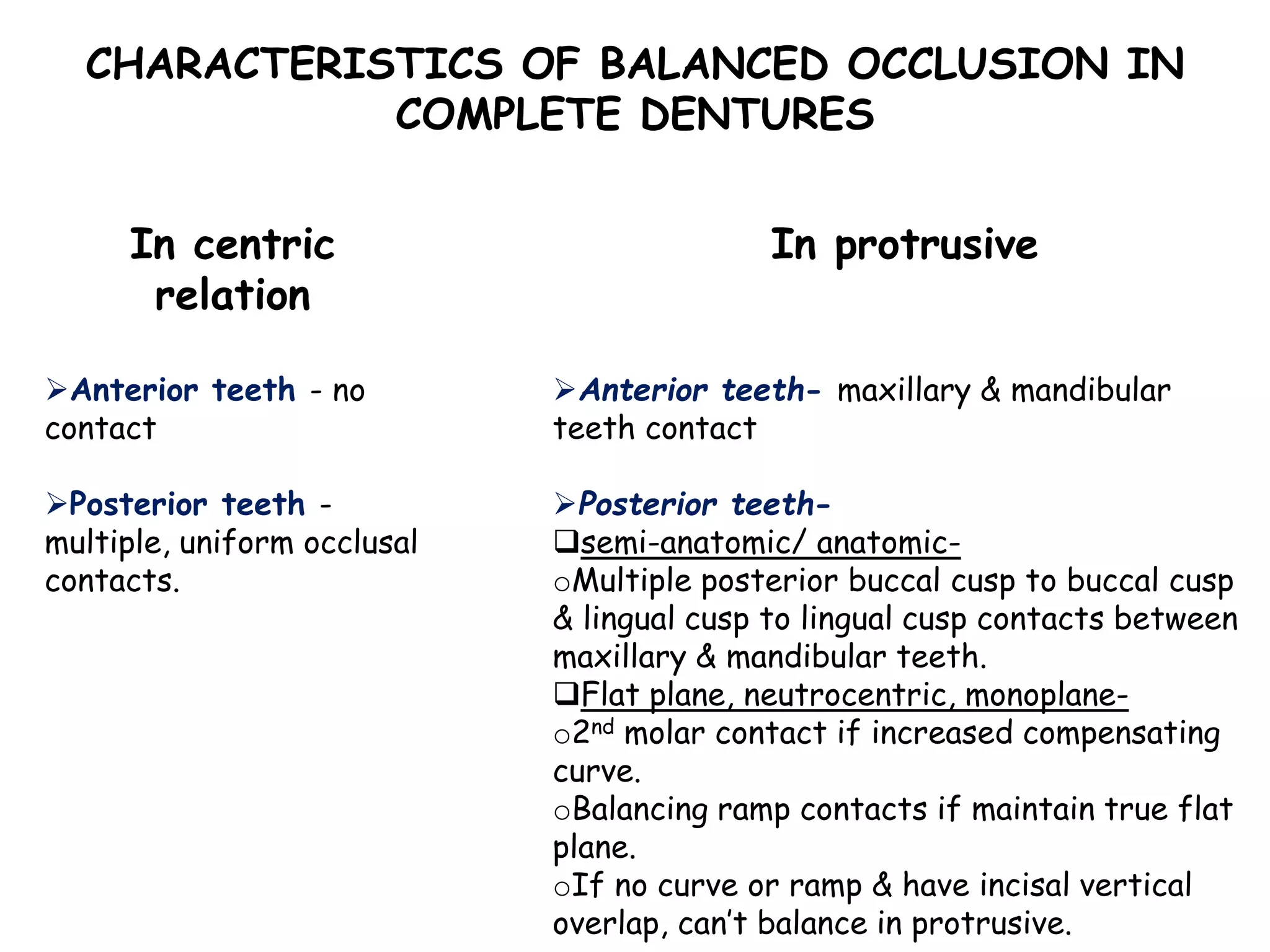 CHARACTERISTICS OF BALANCED OCCLUSION IN 
COMPLETE DENTURES 
In protrusive 
Anterior teeth- maxillary & mandibular 
teeth contact 
Posterior teeth- 
semi-anatomic/ anatomic-oMultiple 
posterior buccal cusp to buccal cusp 
& lingual cusp to lingual cusp contacts between 
maxillary & mandibular teeth. 
Flat plane, neutrocentric, monoplane-o2nd 
molar contact if increased compensating 
curve. 
oBalancing ramp contacts if maintain true flat 
plane. 
oIf no curve or ramp & have incisal vertical 
overlap, can’t balance in protrusive. 
In centric 
relation 
Anterior teeth - no 
contact 
Posterior teeth - 
multiple, uniform occlusal 
contacts. 
 