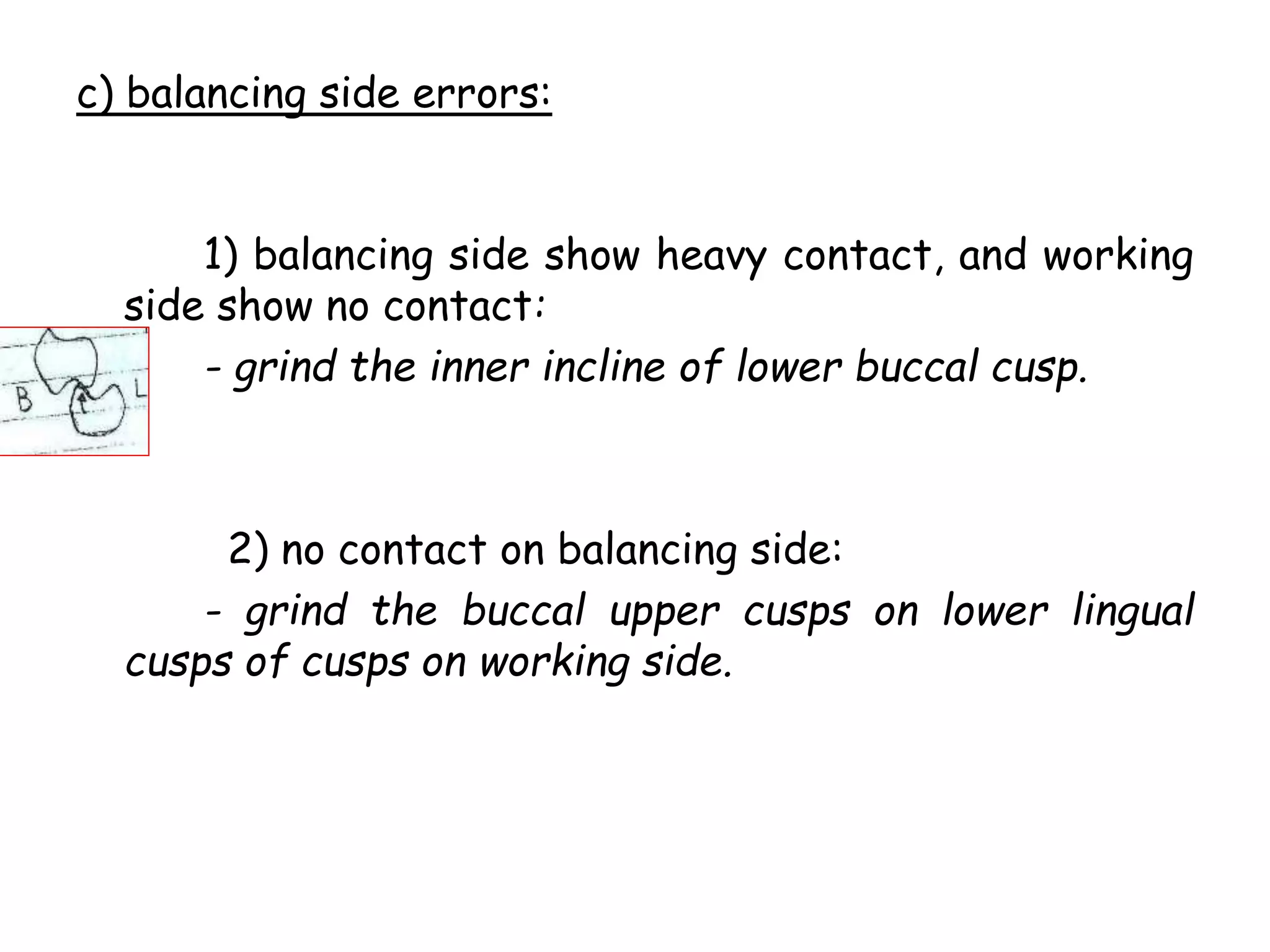 c) balancing side errors: 
1) balancing side show heavy contact, and working 
side show no contact: 
- grind the inner incline of lower buccal cusp. 
2) no contact on balancing side: 
- grind the buccal upper cusps on lower lingual 
cusps of cusps on working side. 
 