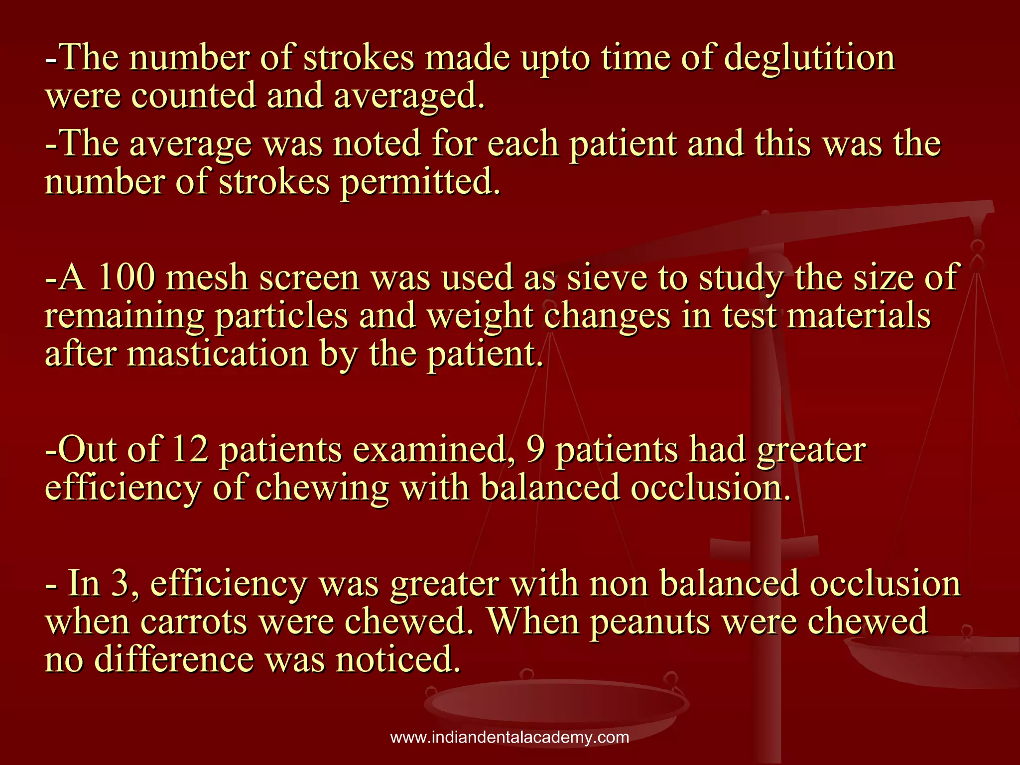 --The number of strokes made upto time of deglutitionThe number of strokes made upto time of deglutition
were counted and averaged.were counted and averaged.
-The average was noted for each patient and this was the-The average was noted for each patient and this was the
number of strokes permitted.number of strokes permitted.
-A 100 mesh screen was used as sieve to study the size of-A 100 mesh screen was used as sieve to study the size of
remaining particles and weight changes in test materialsremaining particles and weight changes in test materials
after mastication by the patient.after mastication by the patient.
-Out of 12 patients examined, 9 patients had greater-Out of 12 patients examined, 9 patients had greater
efficiency of chewing with balanced occlusion.efficiency of chewing with balanced occlusion.
- In 3, efficiency was greater with non balanced occlusion- In 3, efficiency was greater with non balanced occlusion
when carrots were chewed. When peanuts were chewedwhen carrots were chewed. When peanuts were chewed
no difference was noticed.no difference was noticed.
www.indiandentalacademy.com
 