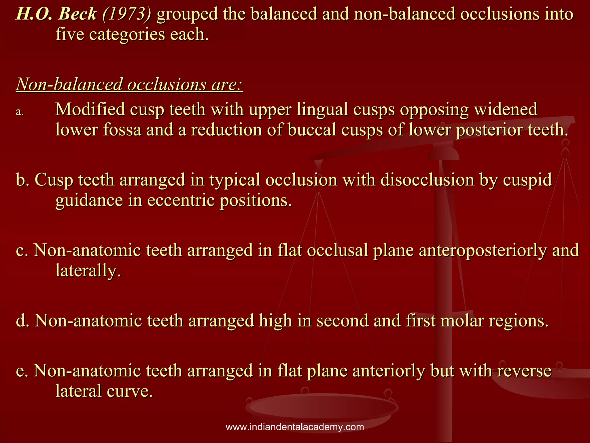 H.O. BeckH.O. Beck (1973)(1973) grouped the balanced and non-balanced occlusions intogrouped the balanced and non-balanced occlusions into
five categories each.five categories each.
Non-balanced occlusions are:Non-balanced occlusions are:
a.a. Modified cusp teeth with upper lingual cusps opposing widenedModified cusp teeth with upper lingual cusps opposing widened
lower fossa and a reduction of buccal cusps of lower posterior teeth.lower fossa and a reduction of buccal cusps of lower posterior teeth.
b. Cusp teeth arranged in typical occlusion with disocclusion by cuspidb. Cusp teeth arranged in typical occlusion with disocclusion by cuspid
guidance in eccentric positions.guidance in eccentric positions.
c. Non-anatomic teeth arranged in flat occlusal plane anteroposteriorly andc. Non-anatomic teeth arranged in flat occlusal plane anteroposteriorly and
laterally.laterally.
d. Non-anatomic teeth arranged high in second and first molar regions.d. Non-anatomic teeth arranged high in second and first molar regions.
e. Non-anatomic teeth arranged in flat plane anteriorly but with reversee. Non-anatomic teeth arranged in flat plane anteriorly but with reverse
lateral curve.lateral curve.
www.indiandentalacademy.com
 