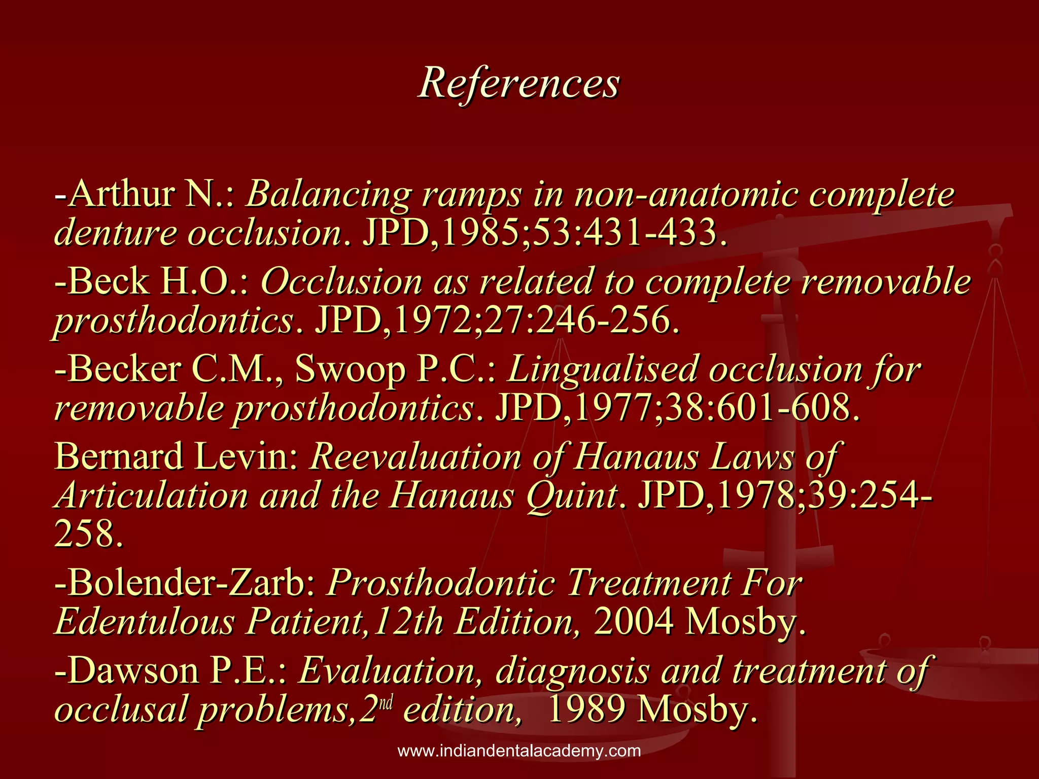 ReferencesReferences
--Arthur N.:Arthur N.: Balancing ramps in non-anatomic completeBalancing ramps in non-anatomic complete
denture occlusiondenture occlusion. JPD,1985;53:431-433.. JPD,1985;53:431-433.
-Beck H.O.:-Beck H.O.: Occlusion as related to complete removableOcclusion as related to complete removable
prosthodonticsprosthodontics. JPD,1972;27:246-256.. JPD,1972;27:246-256.
-Becker C.M., Swoop P.C.:-Becker C.M., Swoop P.C.: Lingualised occlusion forLingualised occlusion for
removable prosthodonticsremovable prosthodontics. JPD,1977;38:601-608.. JPD,1977;38:601-608.
Bernard Levin:Bernard Levin: Reevaluation of Hanaus Laws ofReevaluation of Hanaus Laws of
Articulation and the Hanaus QuintArticulation and the Hanaus Quint. JPD,1978;39:254-. JPD,1978;39:254-
258.258.
-Bolender-Zarb:-Bolender-Zarb: Prosthodontic Treatment ForProsthodontic Treatment For
Edentulous Patient,12th Edition,Edentulous Patient,12th Edition, 2004 Mosby.2004 Mosby.
-Dawson P.E.:-Dawson P.E.: Evaluation, diagnosis and treatment ofEvaluation, diagnosis and treatment of
occlusal problems,2occlusal problems,2ndnd
edition,edition, 1989 Mosby.1989 Mosby.
www.indiandentalacademy.com
 