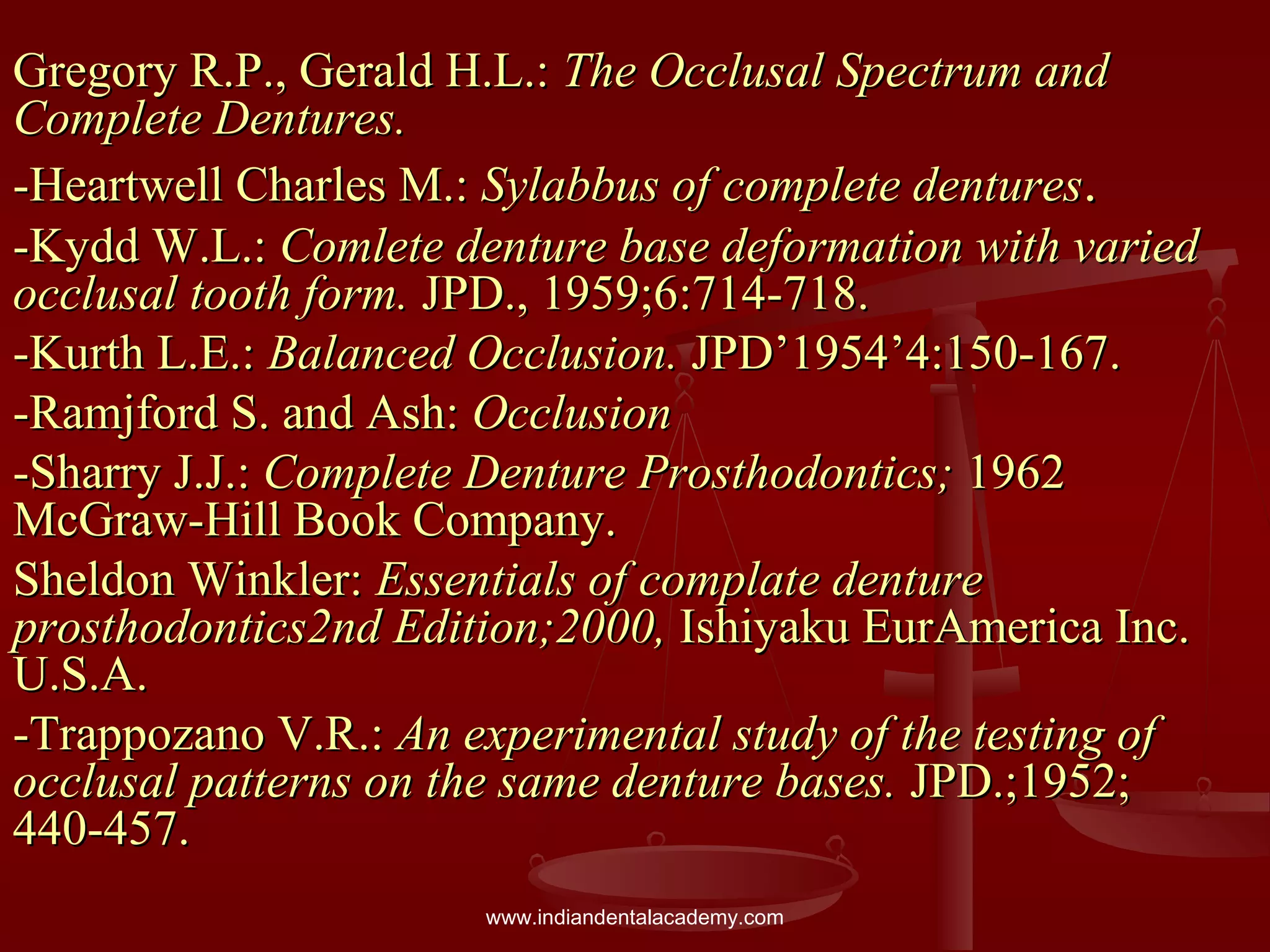 Gregory R.P., Gerald H.L.:Gregory R.P., Gerald H.L.: The Occlusal Spectrum andThe Occlusal Spectrum and
Complete Dentures.Complete Dentures.
-Heartwell Charles M.:-Heartwell Charles M.: Sylabbus of complete denturesSylabbus of complete dentures..
-Kydd W.L.:-Kydd W.L.: Comlete denture base deformation with variedComlete denture base deformation with varied
occlusal tooth form.occlusal tooth form. JPD., 1959;6:714-718.JPD., 1959;6:714-718.
-Kurth L.E.:-Kurth L.E.: Balanced Occlusion.Balanced Occlusion. JPD’1954’4:150-167.JPD’1954’4:150-167.
-Ramjford S. and Ash:-Ramjford S. and Ash: OcclusionOcclusion
-Sharry J.J.:-Sharry J.J.: Complete Denture Prosthodontics;Complete Denture Prosthodontics; 19621962
McGraw-Hill Book Company.McGraw-Hill Book Company.
Sheldon Winkler:Sheldon Winkler: Essentials of complate dentureEssentials of complate denture
prosthodontics2nd Edition;2000,prosthodontics2nd Edition;2000, Ishiyaku EurAmerica Inc.Ishiyaku EurAmerica Inc.
U.S.A.U.S.A.
-Trappozano V.R.:-Trappozano V.R.: An experimental study of the testing ofAn experimental study of the testing of
occlusal patterns on the same denture bases.occlusal patterns on the same denture bases. JPD.;1952;JPD.;1952;
440-457.440-457.
www.indiandentalacademy.com
 