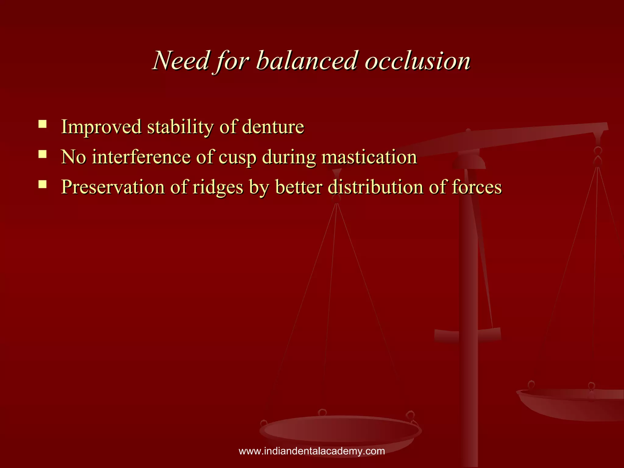 Need for balanced occlusionNeed for balanced occlusion
 Improved stability of dentureImproved stability of denture
 No interference of cusp during masticationNo interference of cusp during mastication
 Preservation of ridges by better distribution of forcesPreservation of ridges by better distribution of forces
www.indiandentalacademy.com
 