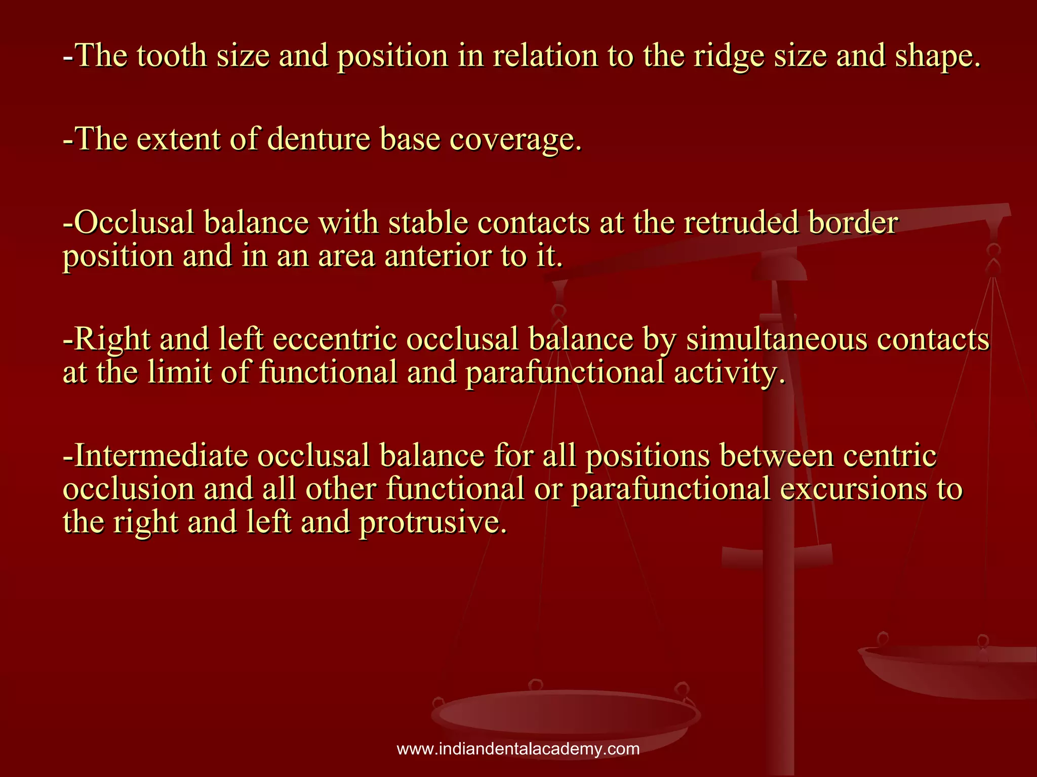 --The tooth size and position in relation to the ridge size and shape.The tooth size and position in relation to the ridge size and shape.
-The extent of denture base coverage.-The extent of denture base coverage.
-Occlusal balance with stable contacts at the retruded border-Occlusal balance with stable contacts at the retruded border
position and in an area anterior to it.position and in an area anterior to it.
-Right and left eccentric occlusal balance by simultaneous contacts-Right and left eccentric occlusal balance by simultaneous contacts
at the limit of functional and parafunctional activity.at the limit of functional and parafunctional activity.
-Intermediate occlusal balance for all positions between centric-Intermediate occlusal balance for all positions between centric
occlusion and all other functional or parafunctional excursions toocclusion and all other functional or parafunctional excursions to
the right and left and protrusive.the right and left and protrusive.
www.indiandentalacademy.com
 